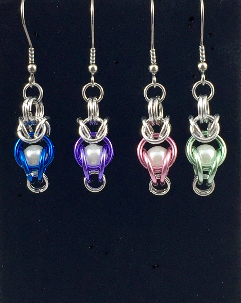 Drop earrings in brilliant blue, royal purple, seafoam green,coral pink with synthetic pearls