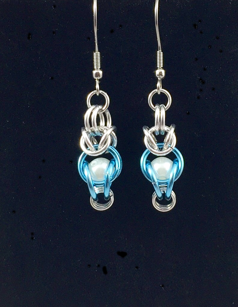 pale blue drop earrings with synthetic pearls