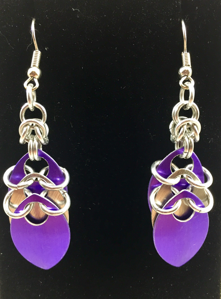 Anodized purple and silver scale drop earrings